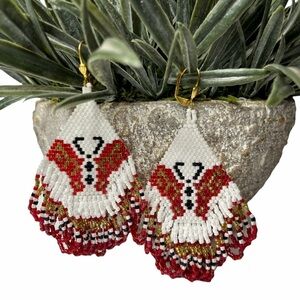 Gorgeous Seed‎ Bead Native American Style Pierced Earrings Butterfly Maroon Gold